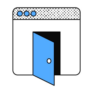 Abstract illustration of an application window with a blue door set into it. The blue door is opening
