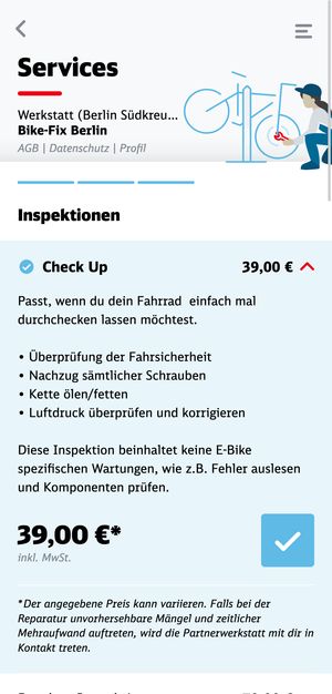 Screenshot of the radfix webapp, showing the user selecting a checkup at Bahnhof Südkreuz Berlin