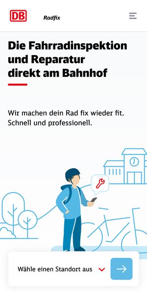 Screenshot of the radfix homepage, with the text “Die Fahrradinspektion und Reparatur direkt am Bahnhof”, an illustration of a person with bike and mobile phone, and a selection widget for choosing your location