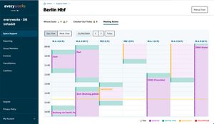 Screenshot of the space-management & calendaring system of everyworks admin, showing a calendar interface with block colors showing bookings for each different resource.