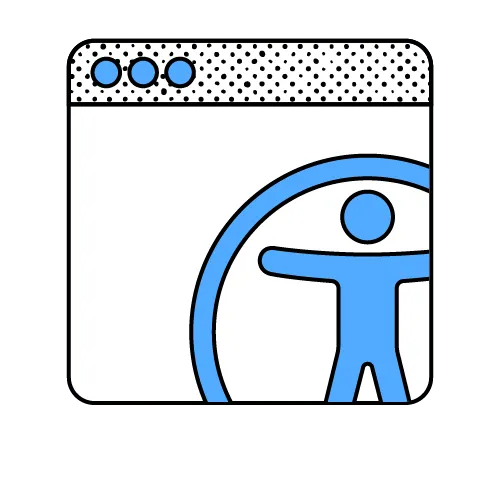 Abstract illustration of an application window with a blue accessibility icon of a person with outstretched limbs within a circle