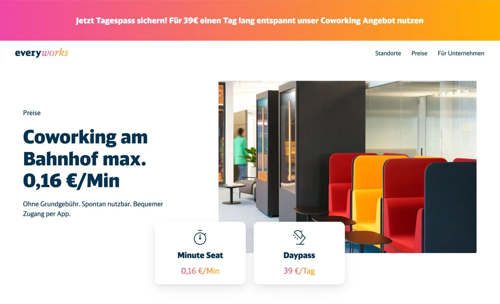 Ein Screenshot der Everyworks-Website, der die angebotenen Services und Preise zeigt.