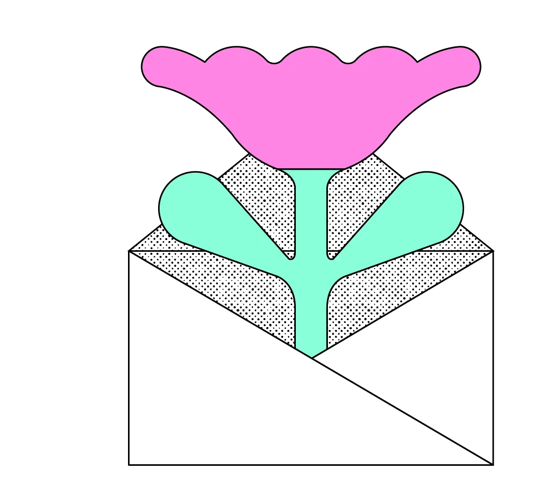 Abstract illustration of a pink flower blooming out of an envelope.
