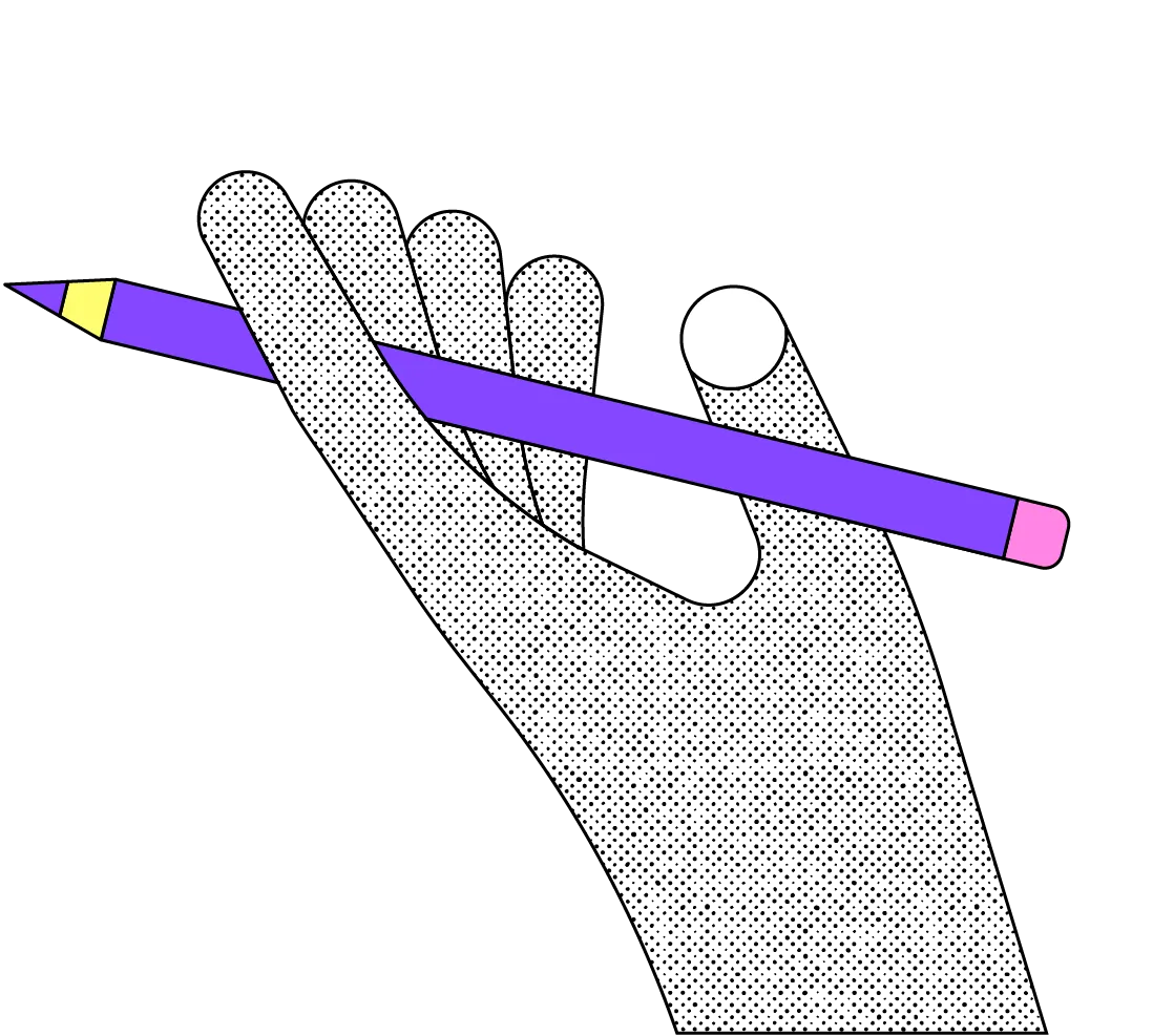 Abstract illustration of a hand holding a pencil between the fingers and thumb, offering it.