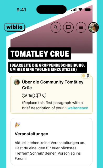 Screenshot of the mobile view of an imaginary community dashboard on Wiblio.