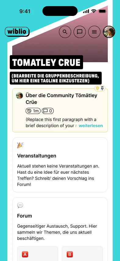 Screenshot of the mobile view of an imaginary community dashboard on Wiblio.