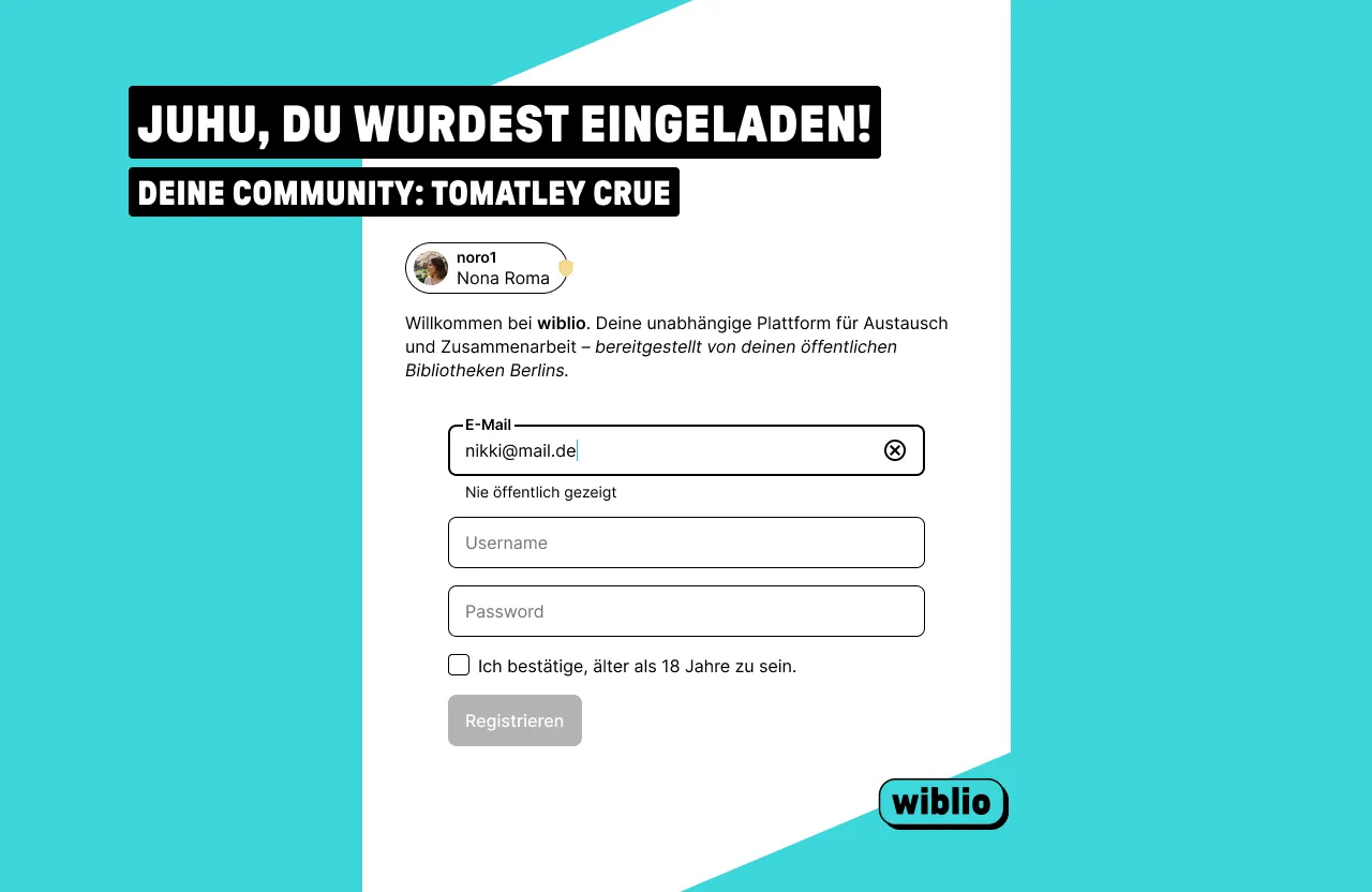 Screenshot of the invitation redemption form on Wiblio.