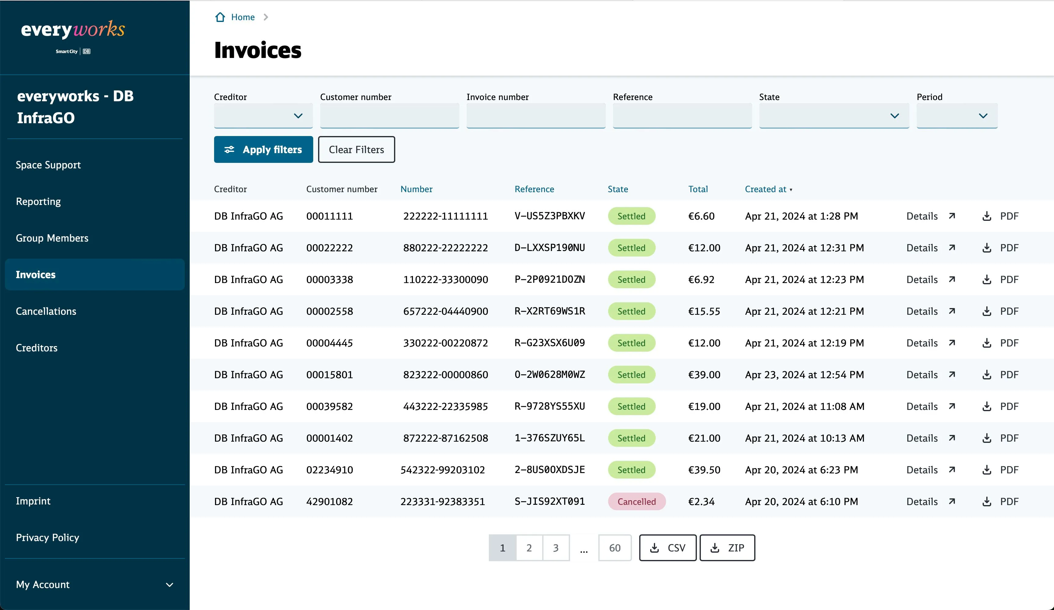 Ein Screenshot der Everyworks-Admin-Oberfläche, der eine Tabelle mit Rechnungen zeigt, in der wichtige Informationen sichtbar sind, sowie Buttons zum Anzeigen oder Bearbeiten jeder Rechnung.