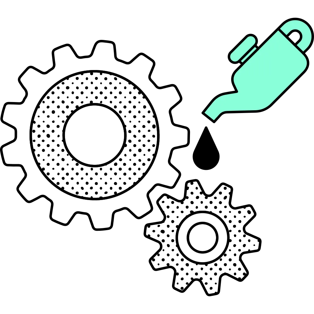 Abstract illustration of an green oilcan being used to oil two cogs.
