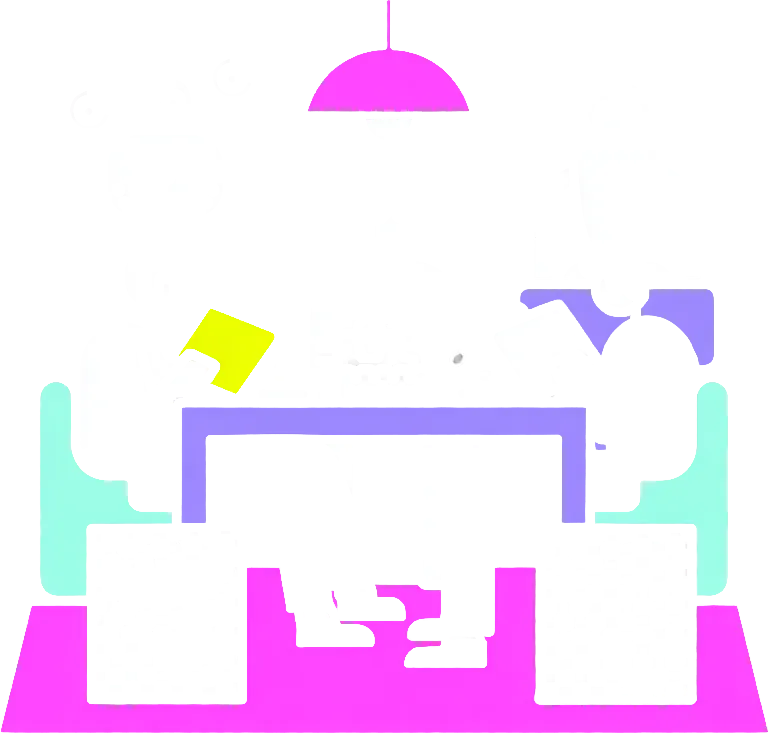 People reading at a table with robots in the back