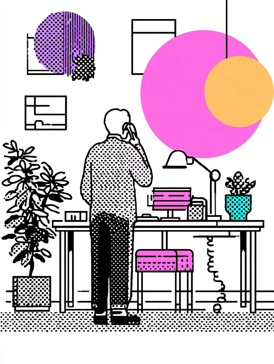 A person in an office on the phone