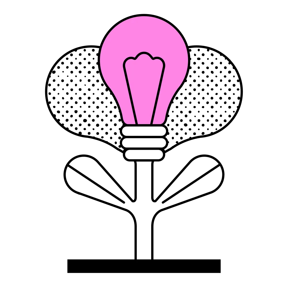 Abstract illustration of a flower blooming, where the center of the flower is a pink incandescent lightbulb