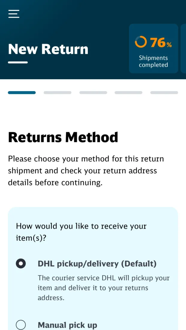 Phone-sized screenshot of the UI for selecting how to return an article through the Box system.