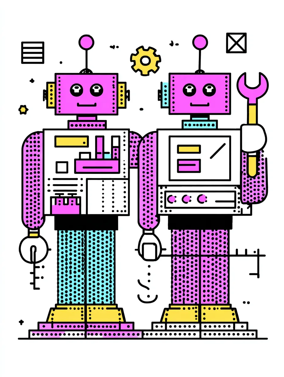 Two robots, one is holding a tool