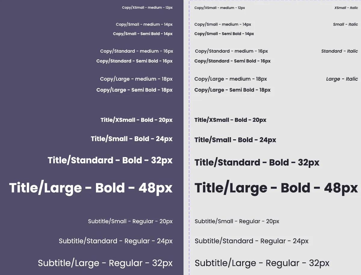Two sets of headings and body text with different typographic styles, each set in a different color and on a different background.