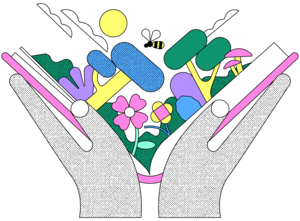Abstract illustration of two hands opening a popup book, revealing a scene of trees, bushes, and flowers with a bee bumbling between them