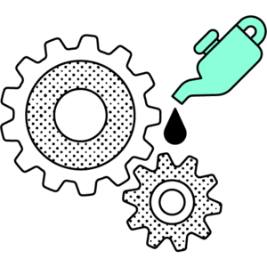 Abstract illustration of an green oilcan being used to oil two cogs