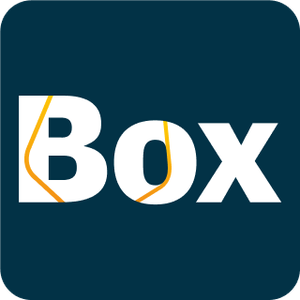 Logo of Box - die Abholstation. A dark blue rounded square, with the word “Box” in white, with a gold-orange rounded pentagon visible through the letters.