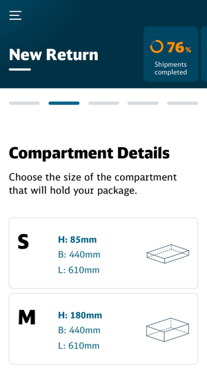 Phone-sized screen showing the UI for selecting a compartment size. Available sizes are shown with measurements and a line drawing of the compartment.