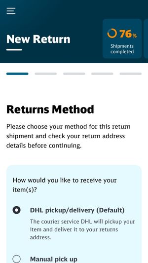 Phone-sized screenshot of the UI for selecting how to return an article through the Box system