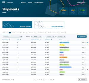 A desktop layout showing a detailed list of shipments, with filtering options