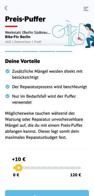 Screenshot of the Preis-Puffer selection in the Radfix webapp, showing a yellow slider set at 10€