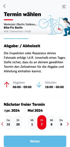 Screenshot of the Radfix webapp, showing the pickup and dropoff times, and the date selection