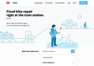 Screenshot of the Radfix landing page, showing the branded illustrations and a dropdown component with a selection of Radfix locations to choose from.